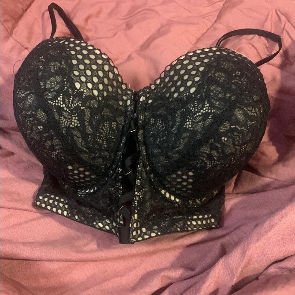 Black Lace Bustier Long-Line Bra with Structured Cups and Removable Straps